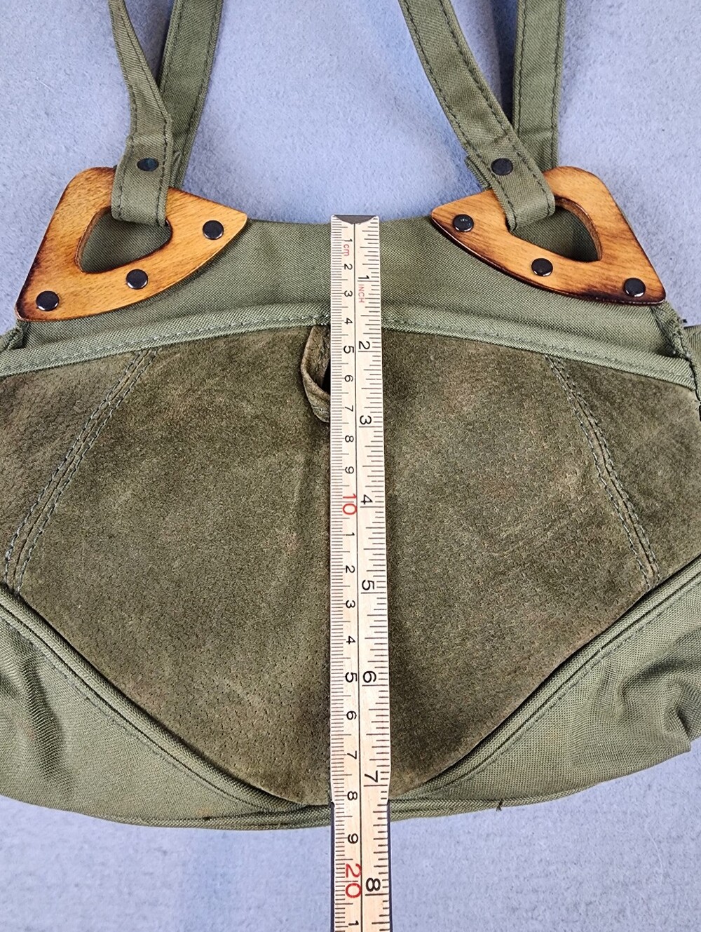 VTG Sassy Olive Canvas Shoulder Bag  Women's Tote Suede Zip Utility Wood - Picture 8 of 11